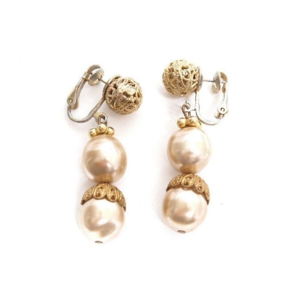 Vintage beautiful Champagne Faux‎ Pearl Gold Filigree Dangle Drop Earrings